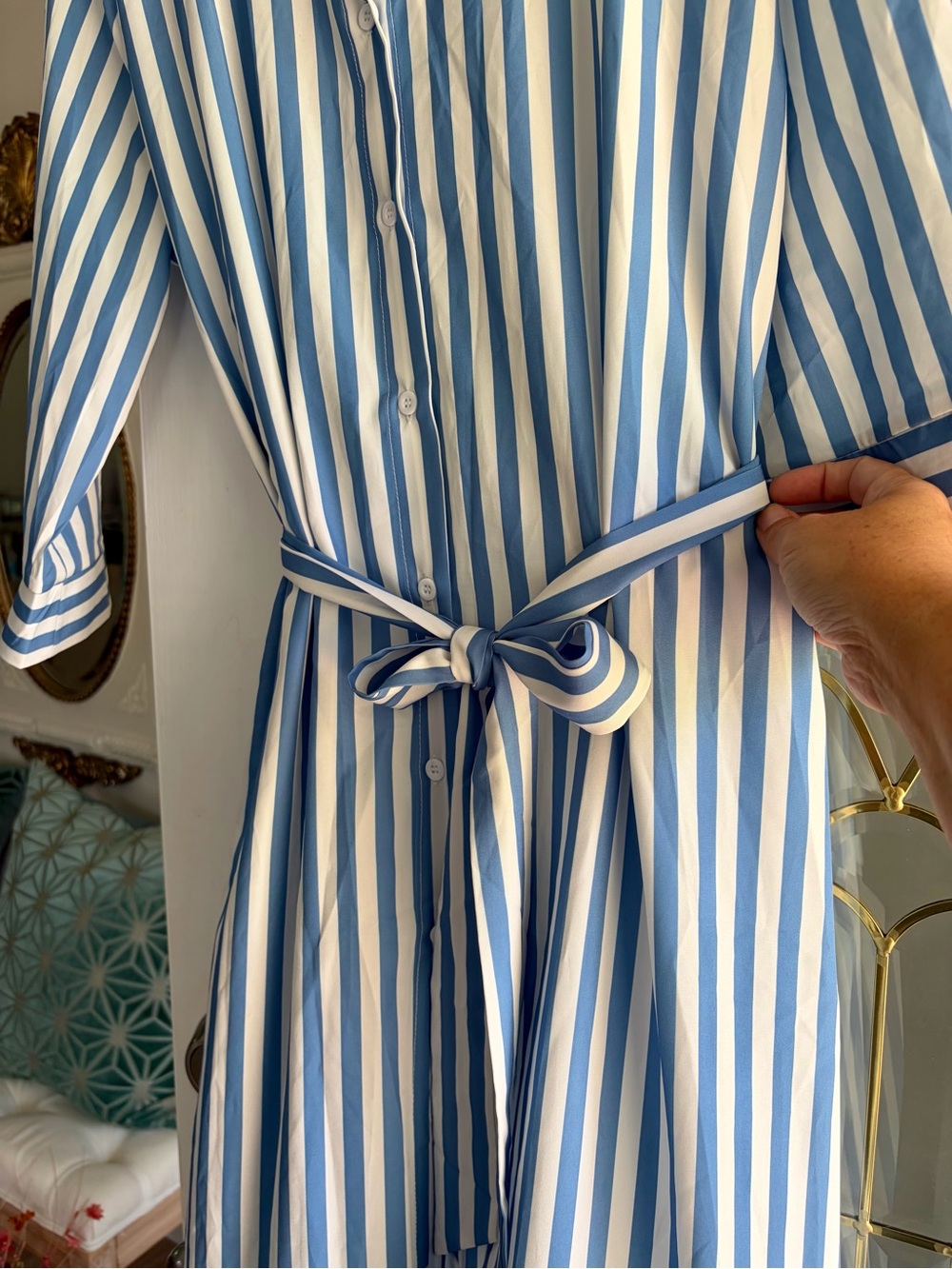 Striped Blue and White Tie-Waist Shirt Dress - Picture 8 of 10